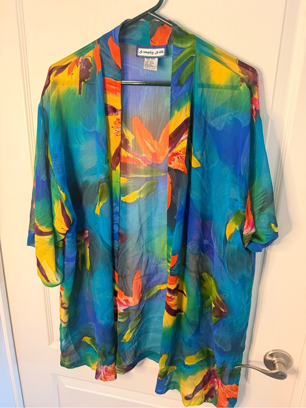 Simple Silk Women's Open-Front Floral Kimono  in Turquoise Multi